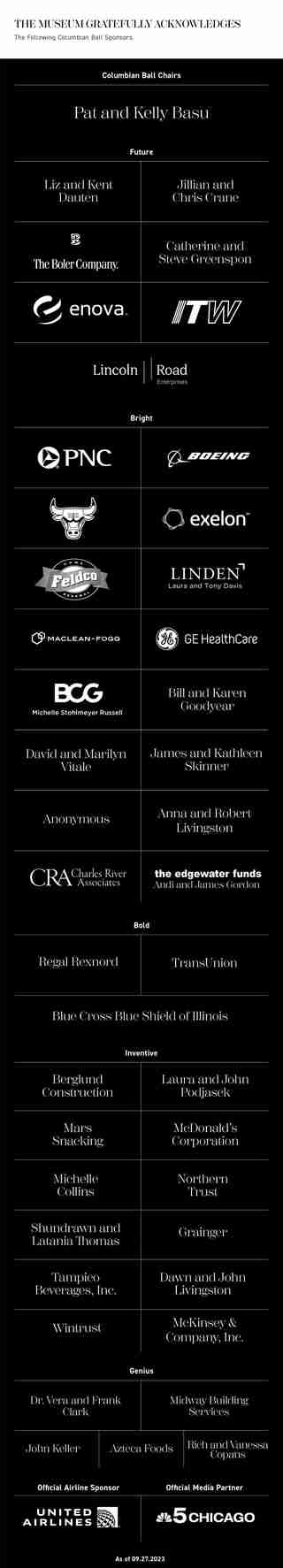 A graphic that says The Museum gratefully acknowledges the following Columbian Ball Sponsors: Columbian Ball Chairs Pat and Kelly Basu. Jillian and Chris Crane, Catherine and Steve Greenspon, The Boler Company, ITW, United Airlines, Lincoln Road Enterprises, and Enova.