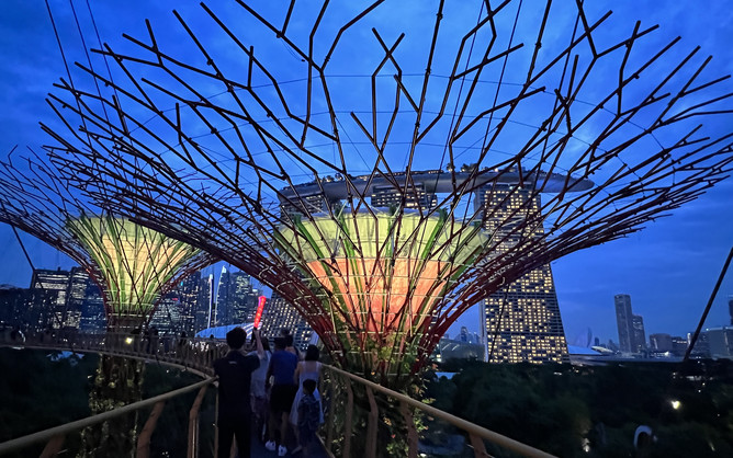 Pedestrians on an elevated walkway view a nighttime Singapore skyline 