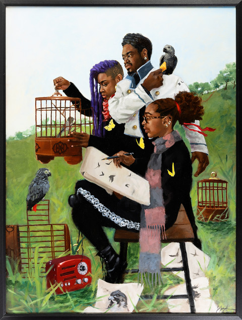 The Drawing Party by Jerry Jordan, a panting depicting what looks like a family with birds and a little girl drawing.