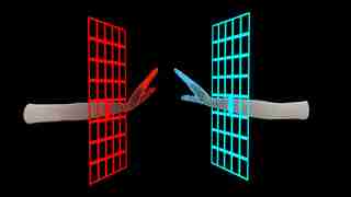 Two computer generated arms outreached through red and blue grids trying to touch hands